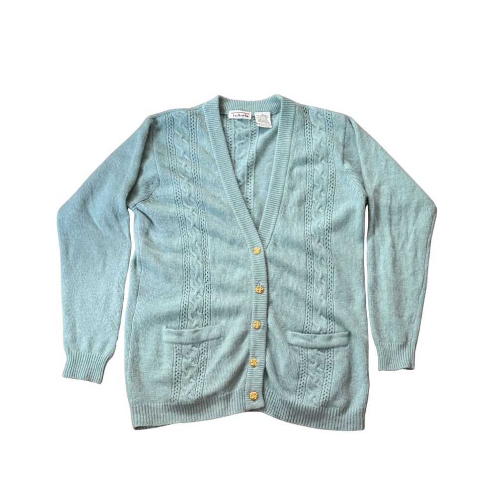 80s 90s Cable Lace Knit Wool Angora Seafoam Blue Green VTG V Neck Cardigan Sz S